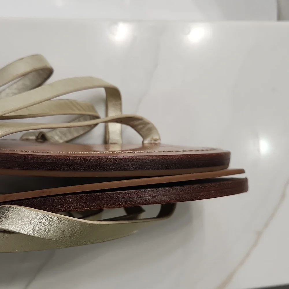 Tory Burch Gold Strappy Leather Sandals with Brown Footbed - Picture 5 of 11